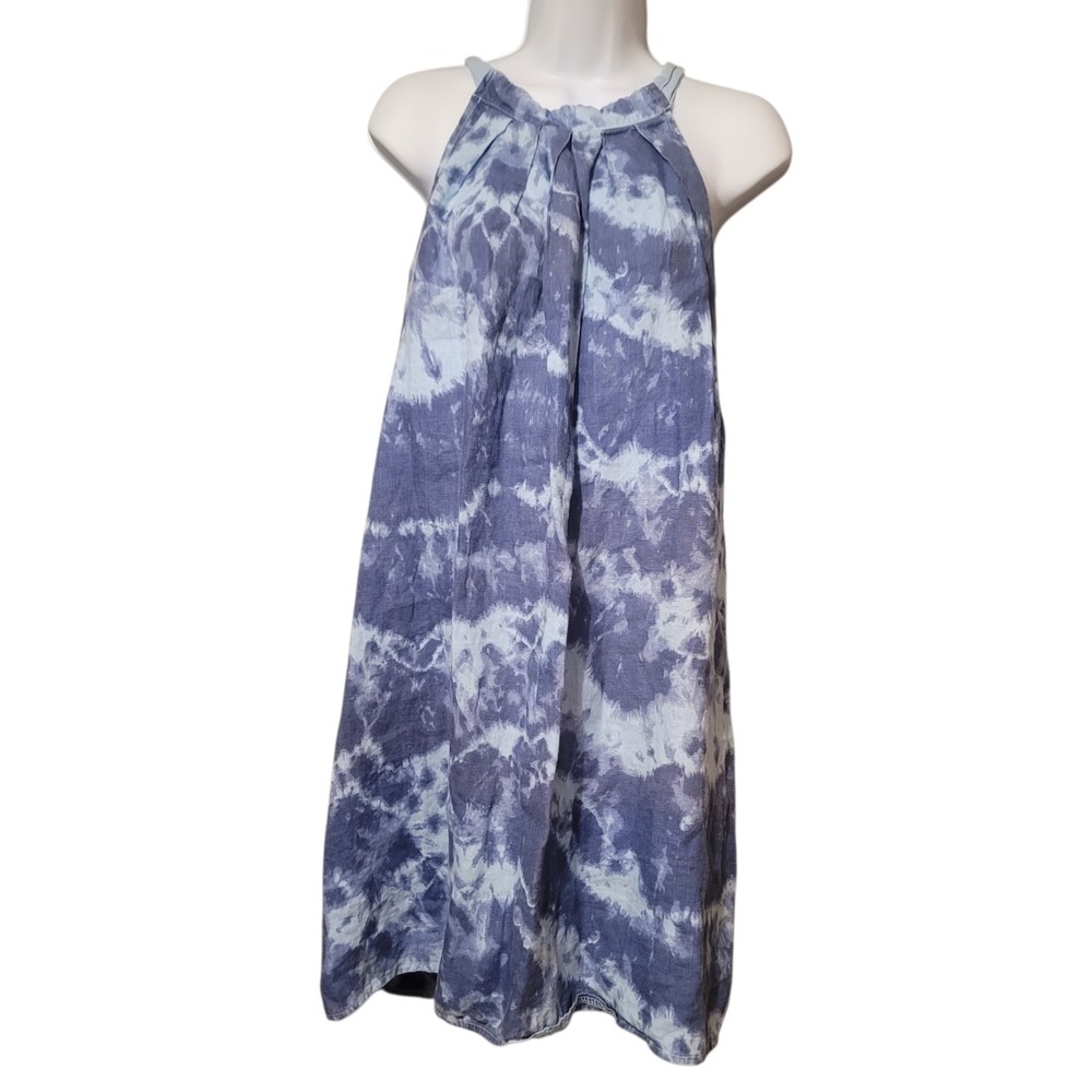 Bellambra Italy 100% Linen Tie Dye Midi Halter Dress Blue Sm Beachy Lightweight